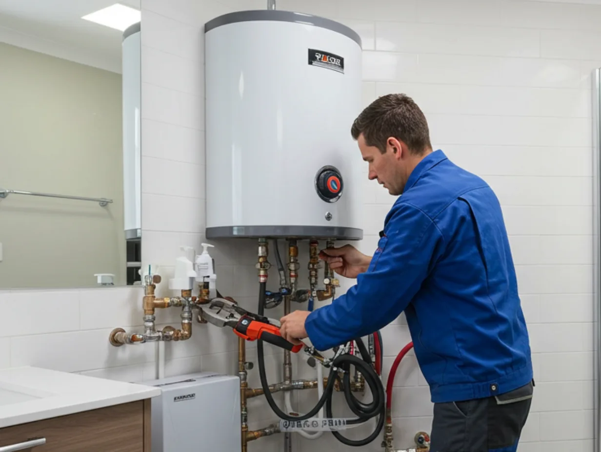 Electrician checking and installing hot water system components