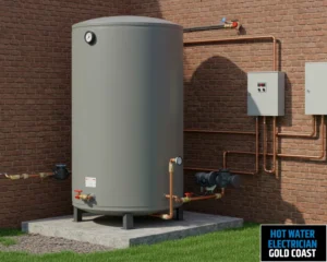 Outdoor water heater unit placed on the ground with visible piping.