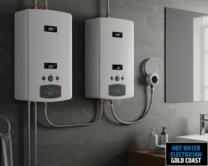 Wall-mounted water heater with plumbing connections visible on the wall.