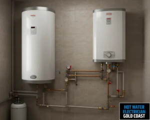 Close-up of a vertical water heater with visible piping and plumbing fixtures.