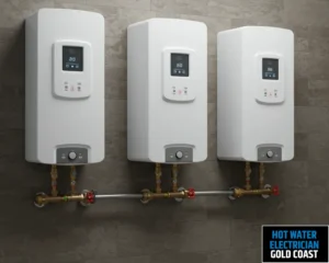 Two wall-mounted tankless water heaters with visible pipes and connections.